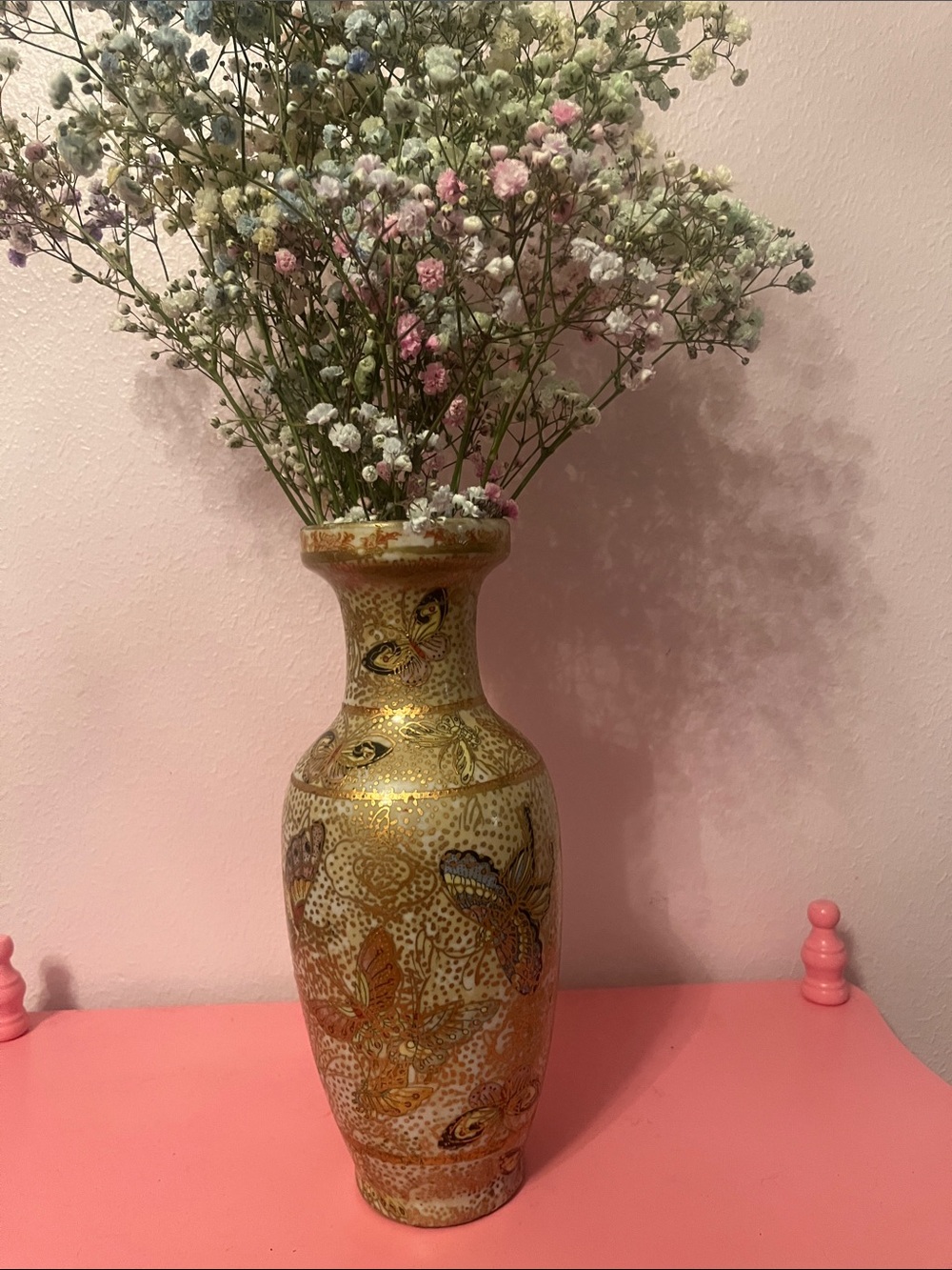 Source Unknown Gold Butterfly Ceramic Vase with Multicolor Accents about 10 inch